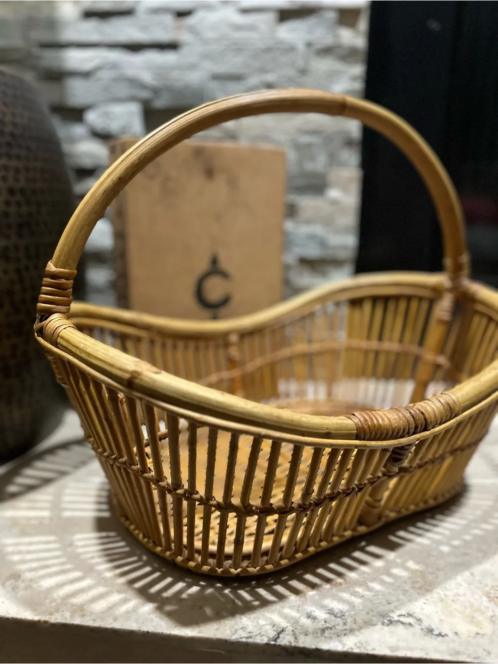 Vintage Bent Bamboo and  Natural Rattan Handled Basket